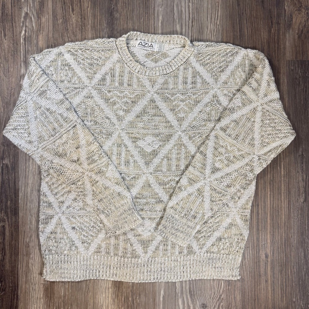 Vintage 90s Azia Collection Grandpacore Diamond‎ Chunky Knit Sweater Beige USA L